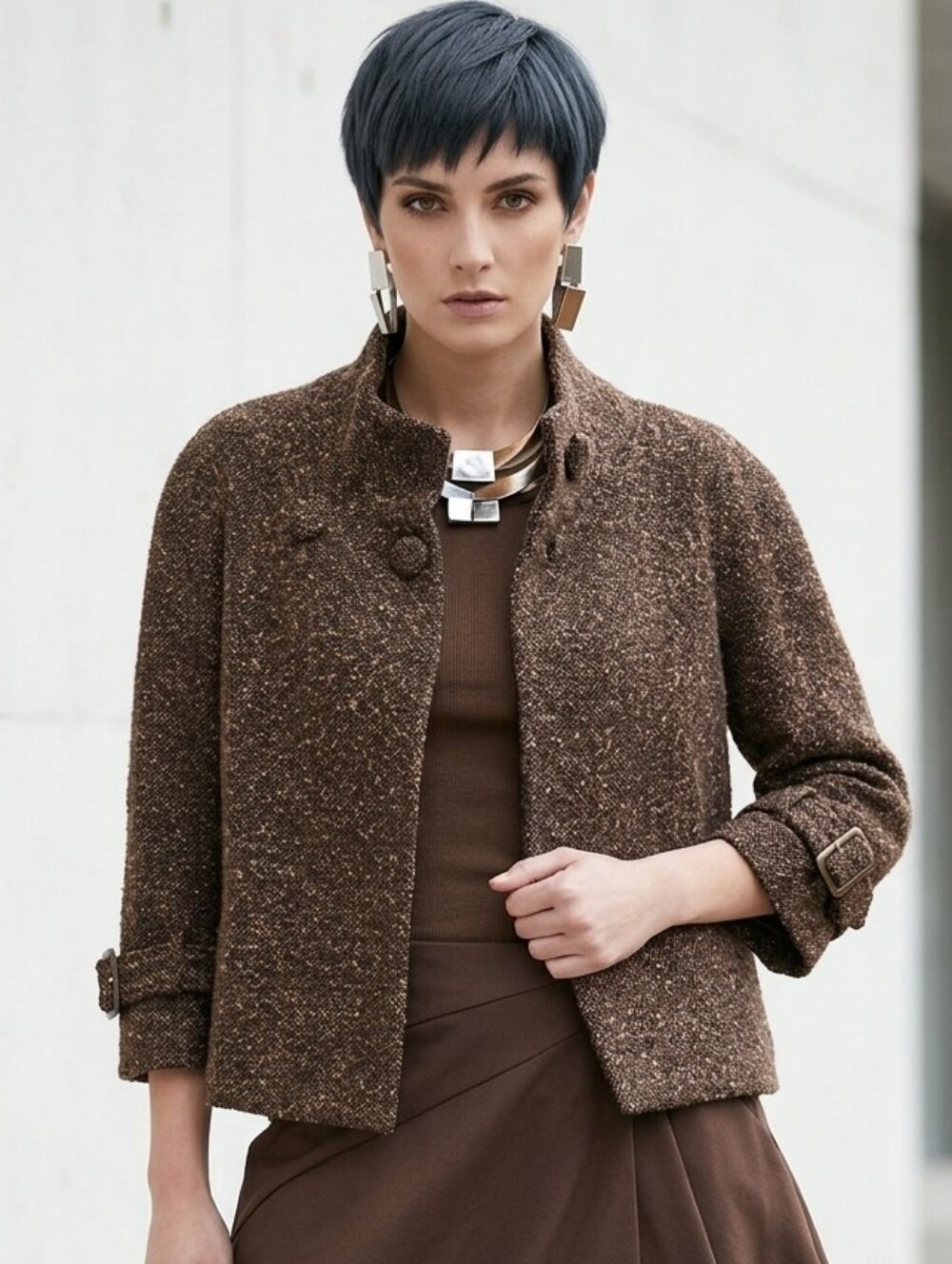 ACCESSORY SREET💛GOLD THREADED Vintage Chic Brown Tweed Teddy Jacket Size S